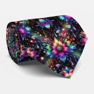 Flamboyant Neck Tie   Rainbow Flowers and Diamonds