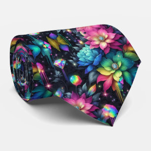Flamboyant Neck Tie   Rainbow Flowers and Diamonds