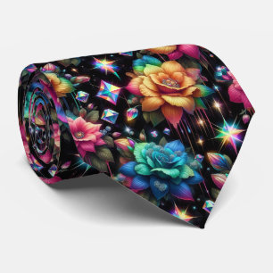 Flamboyant Neck Tie Rainbow Flowers and Diamonds