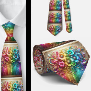 Flamboyant Neck Tie   Rainbow Flowers Faux Glitter