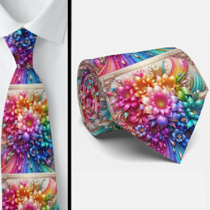 Flamboyant Neck Tie   Rainbow Flowers Faux Glitter