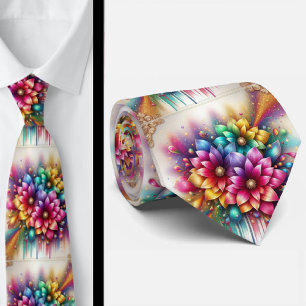 Flamboyant Neck Tie   Rainbow Flowers Faux Glitter