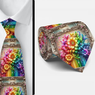 Flamboyant Neck Tie   Rainbow Flowers Faux Glitter