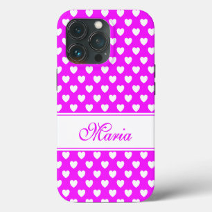Flamboyant Pink White Hearts Pattern And Your Name iPhone 13 Pro Case