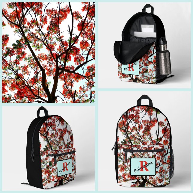 Flamboyant Royal Poinciana Branches Monogrammed  Printed Backpack (Creator Uploaded)