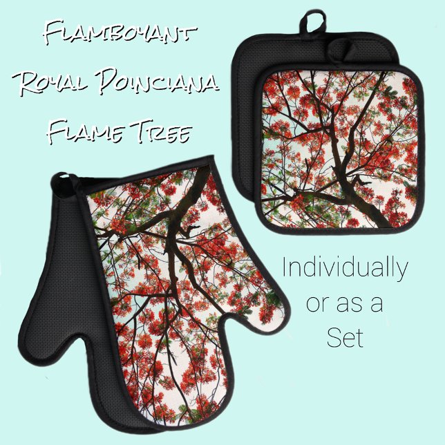 Flamboyant Royal Poinciana Tree Red Black White Oven Mitt & Pot Holder Set (Creator Uploaded)