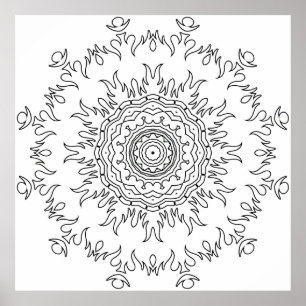 Flame Burst Mandala Colouring Page Intricate Art Poster