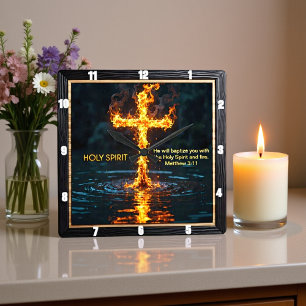 Flame Cross Water Baptism Spirit Matthew 3:11 Square Wall Clock