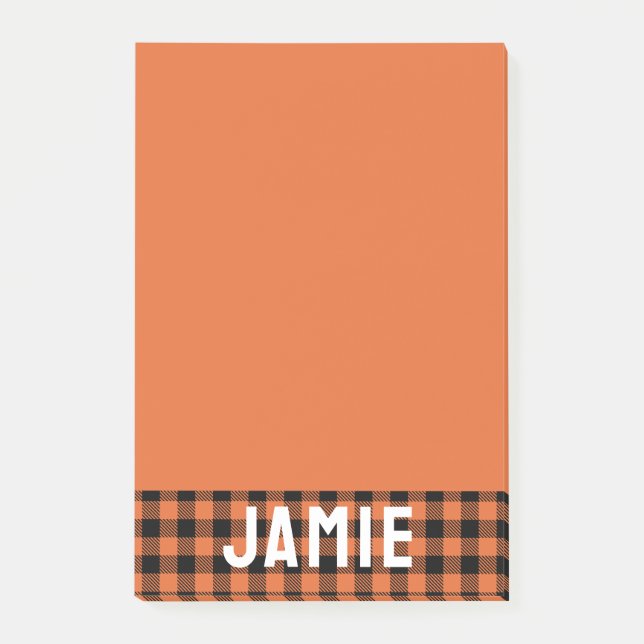 Flame Orange Buffalo Check White Name Post-it Notes (Front)