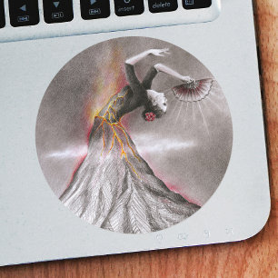Flamenco dancing woman volcano surreal pencil art classic round sticker