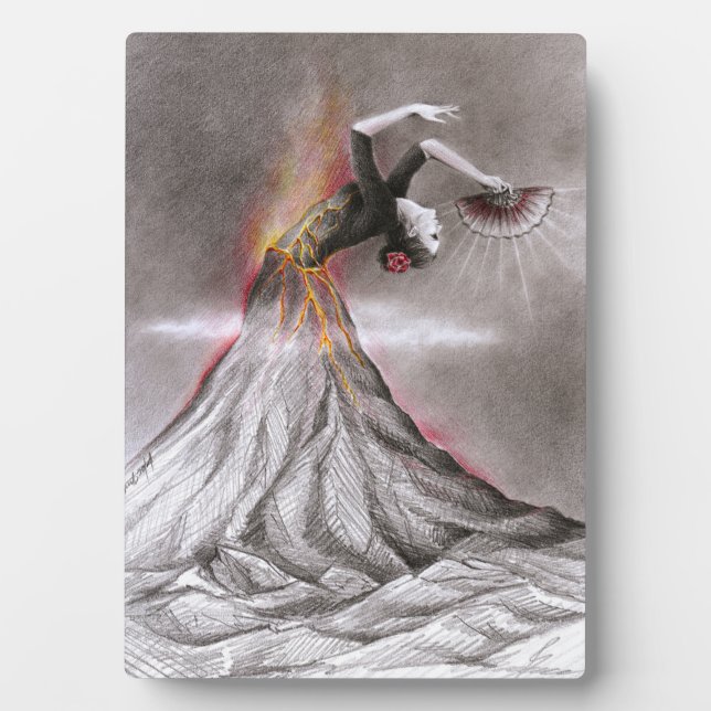 Flamenco dancing woman volcano surreal pencil art plaque (Front)