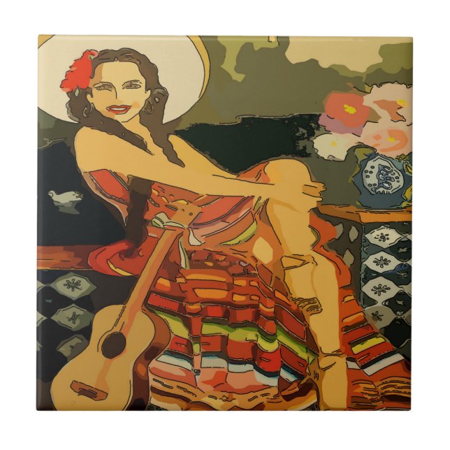 Flamenco Guitar Woman Tile Mural (Front)