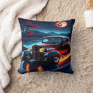 Flames and moonlight dance over a classic hot rod cushion