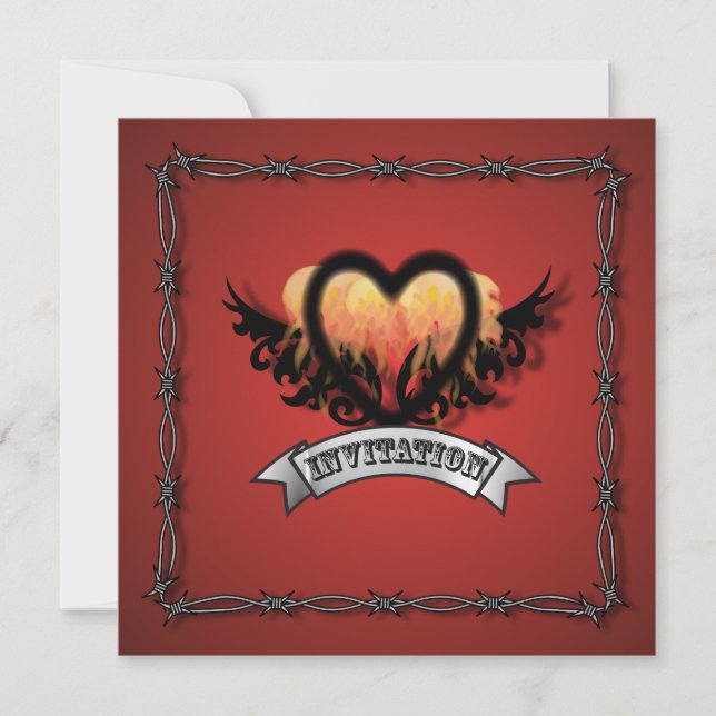 Flames Heart Rock N Roll Biker Wedding Invitation (Front)