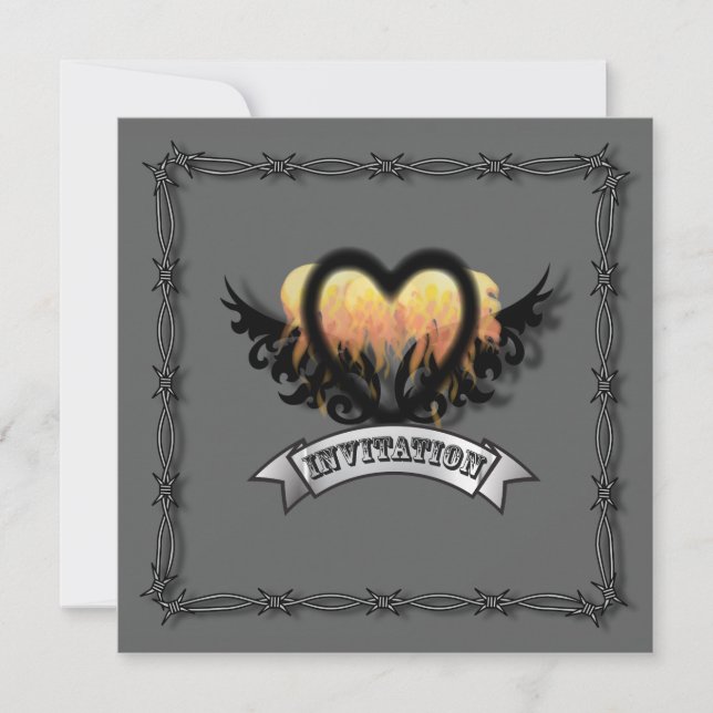 Flames Heart Rock N Roll Biker Wedding Invitation (Front)