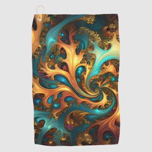 Flames of Color: Teal, Gold, Orange Fractal Dance Golf Towel (Front)