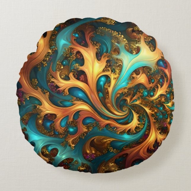 Flames of Color: Teal, Gold, Orange Fractal Dance Round Cushion (Front)