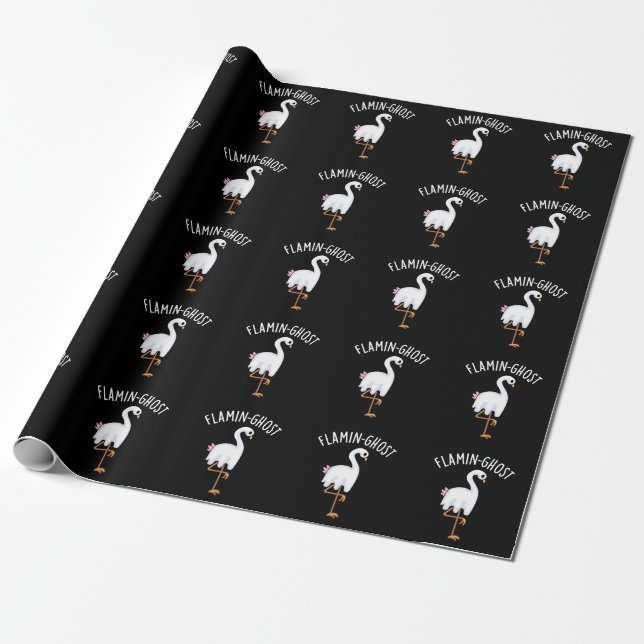 Flamin-ghost Funny Flamingo Ghost Pun Dark BG Wrapping Paper (Unrolled)