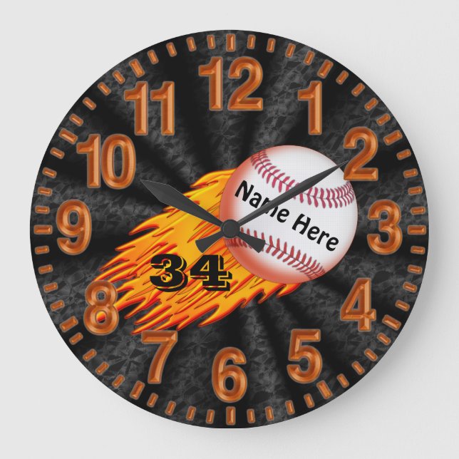 Flaming Baseball Clocks with YOUR NAME and NUMBER (Front)