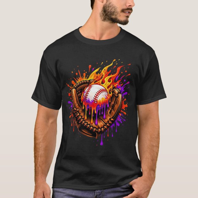  Flaming Baseball Glove Drip T-Shirt (Front)