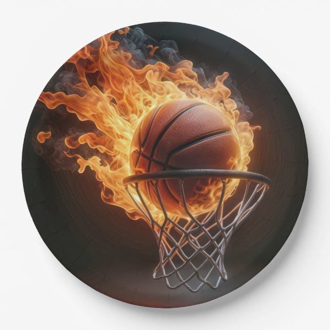 Flaming Basketball In the Hoop Paper Plate (Front)