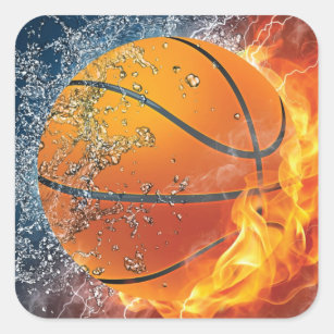 Flaming basketball square sticker
