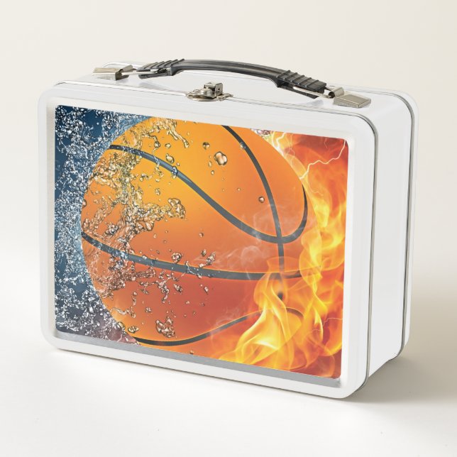 Flaming basketball throw pillow metal lunch box (Front)