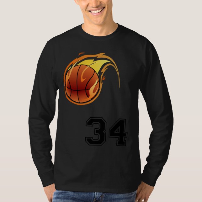 Flaming Basketball with Number 34 on the Front and T-Shirt (Front)