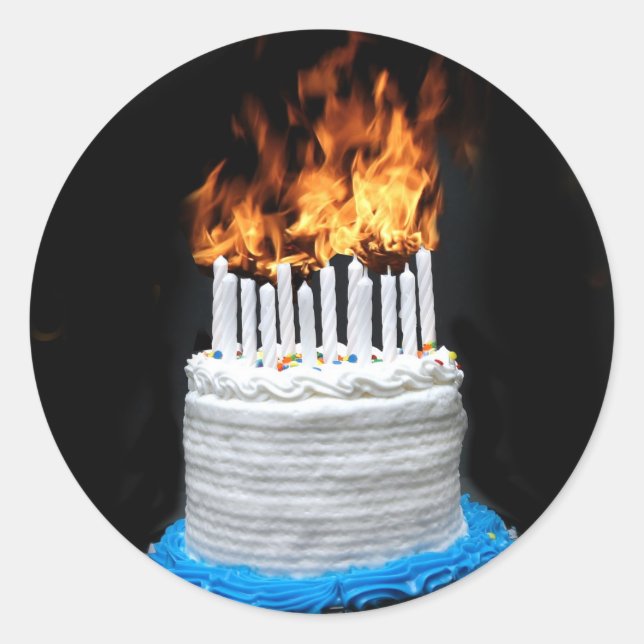 Flaming Birthday Cake Classic Round Sticker (Front)