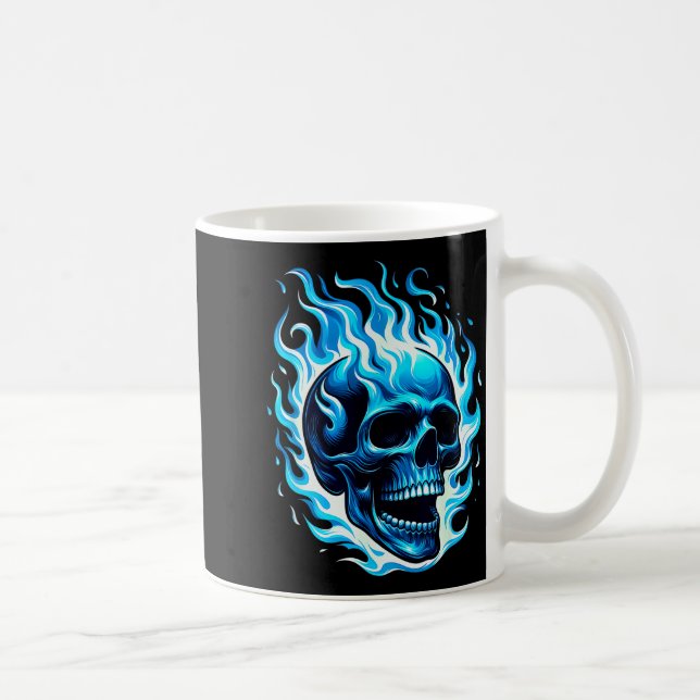 Flaming Blue Skull Cool Fun Graphic  Coffee Mug (Right)