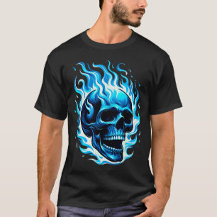 Flaming Blue Skull Cool Fun Graphic T-Shirt