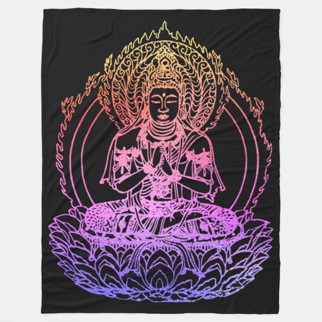 Flaming Buddha in Colourful Rainbow Gradient Fleece Blanket (Front)