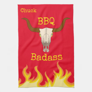Flaming Cow Skull BBQ Badass Tea Towel
