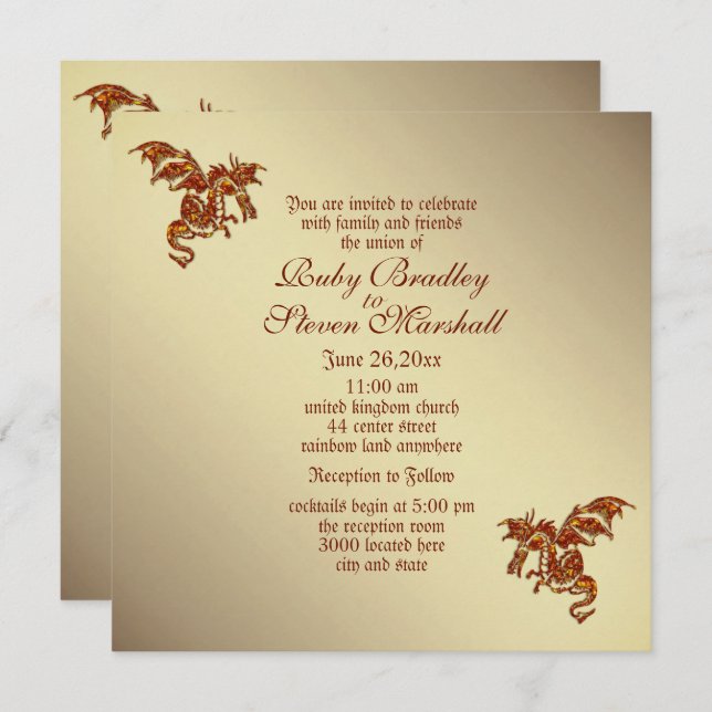  Flaming Dragon Golden 2 Wedding Theme Invitation (Front/Back)