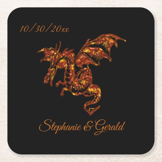 Flaming Dragon on Black Personal Square Paper Coaster (Front)