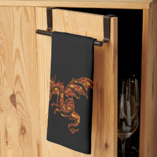 Flaming Dragon on Black Tea Towel