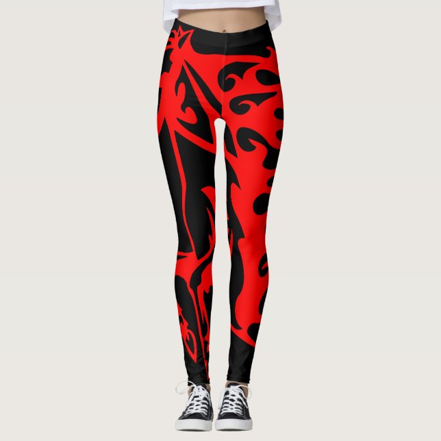 Flaming Fire Red Bronco Mustang Wild Horse Leggings (Front)