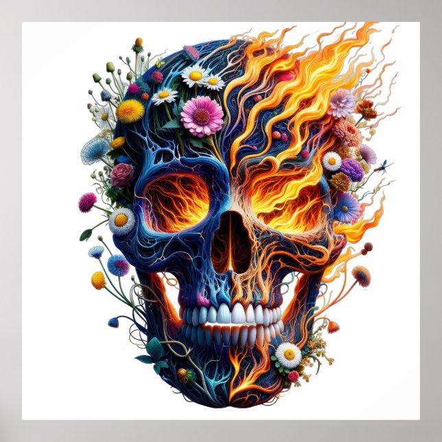 Flaming Floral Skull Poster (Front)