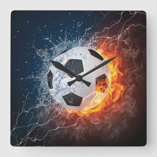 Flaming Football/Soccer Ball Throw Pillow Square Wall Clock (Front)