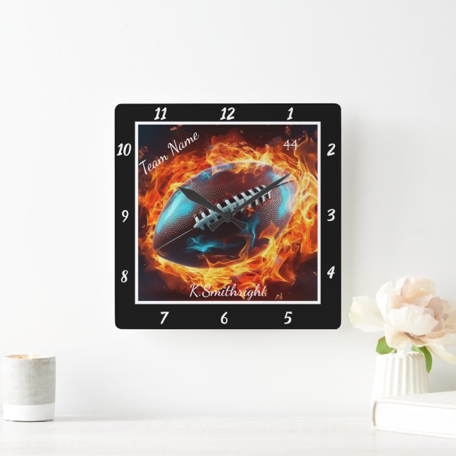Flaming Football Sports Team  Square Wall Clock (Home)