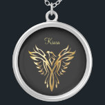 Flaming golden phoenix rising silver plated necklace<br><div class="desc">A golden phoenix is aflame in this easily personalised design.</div>