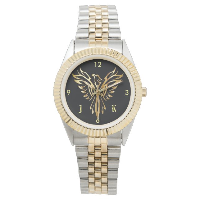 Flaming golden phoenix rising with initials watch (Front)