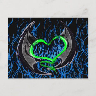 Flaming Green Heart with Bat Wings Postcard