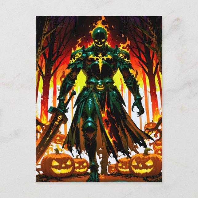Flaming Headless Pumpkin Knight Halloween Holiday Postcard (Front)