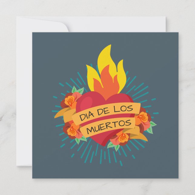 Flaming Heart Dia de los Muertos Party Invitation (Front)