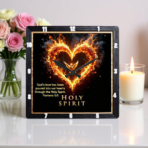 Flaming Heart Dove Holy Spirit Romans 5:5 Square Wall Clock