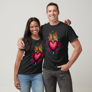 Flaming Heart Tattoo – Sword & Roses Design T-Shirt