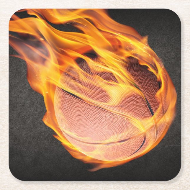 Flaming Hot Fiery Basketball Square Paper Coaster (Front)