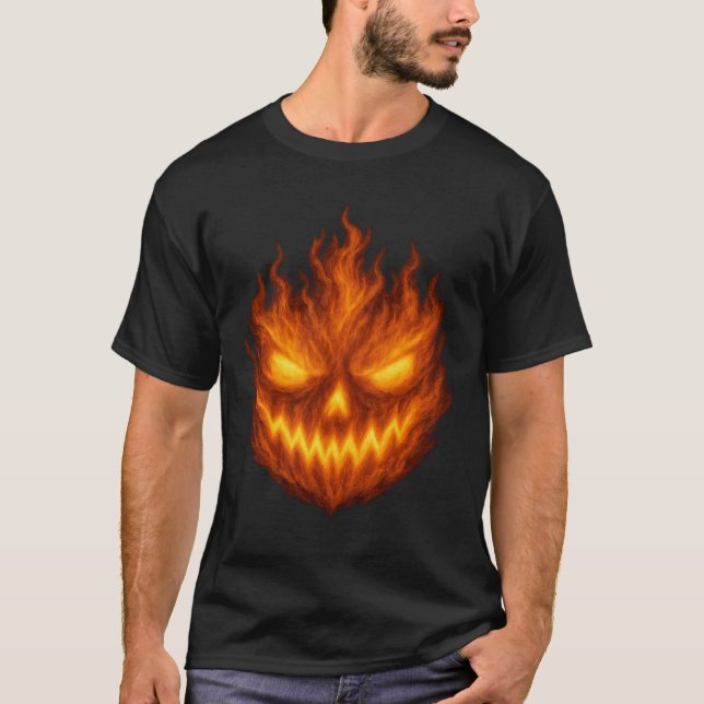 Flaming Jack-o'-Lantern Demon Face Halloween T-Shirt (Front)