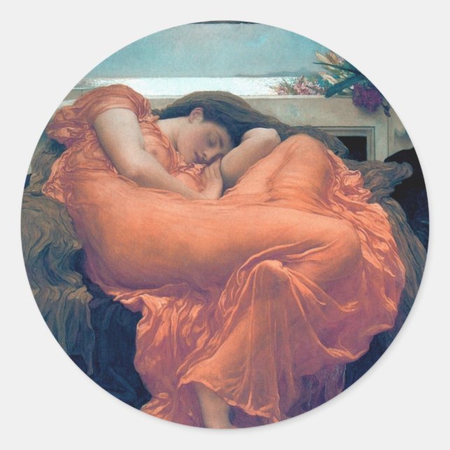 Flaming June woman orange dress painting Classic Round Sticker (Front)